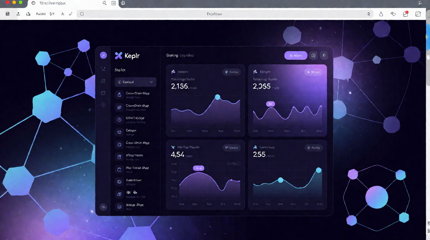 Illustration of Keplr Wallet in Firefox browser showing staking dashboard and cross-chain features with a space-themed design.
