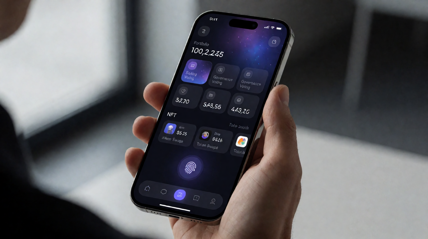 A smartphone screen showing the Keplr Wallet mobile app dashboard with portfolio, staking, and dApp browser features, secured by biometrics.